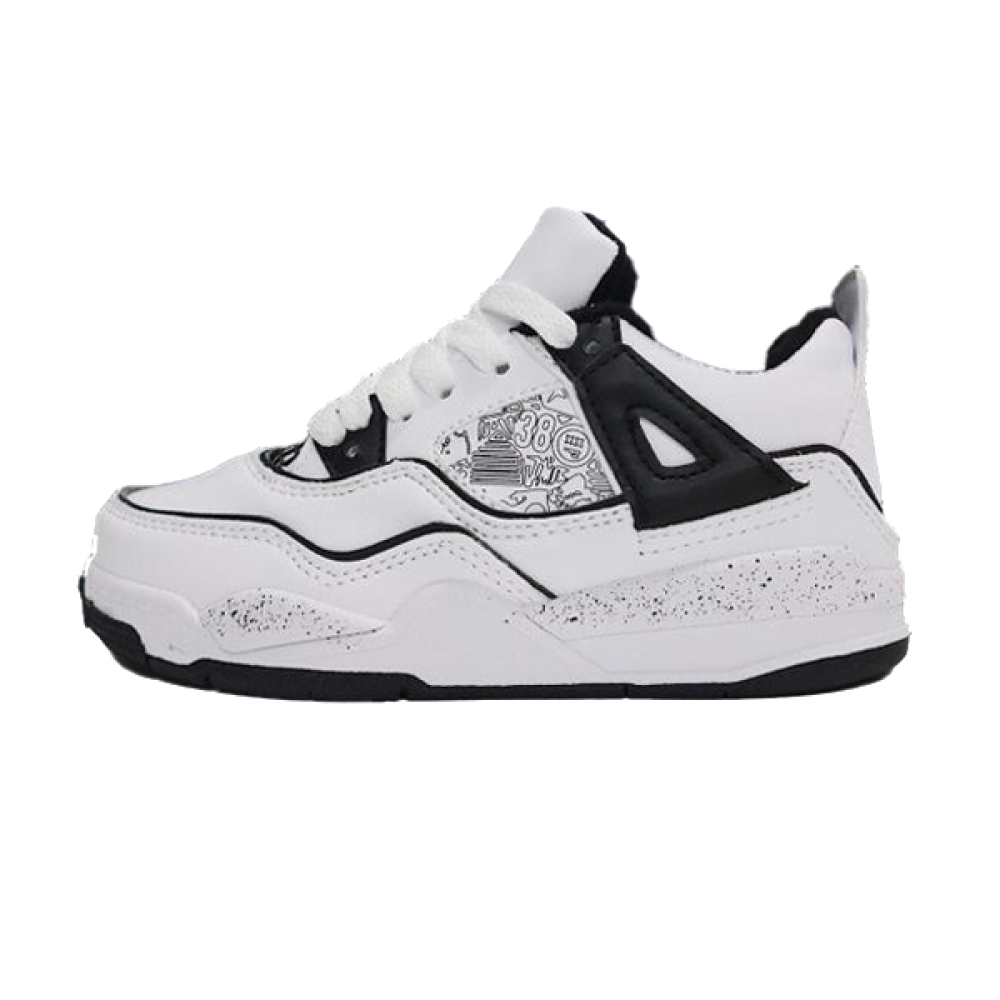 Boys' and girls' Jordan 4 Retro shoes, black and white, with a stylish pattern