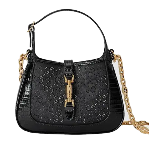 その他 e. Gucci handbag with chain, 19 cm, black, with rhinestones - E