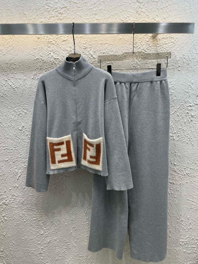 サドンアタック Set Fendi Women's Casual Wide Leg Pants with Jacket in Grey