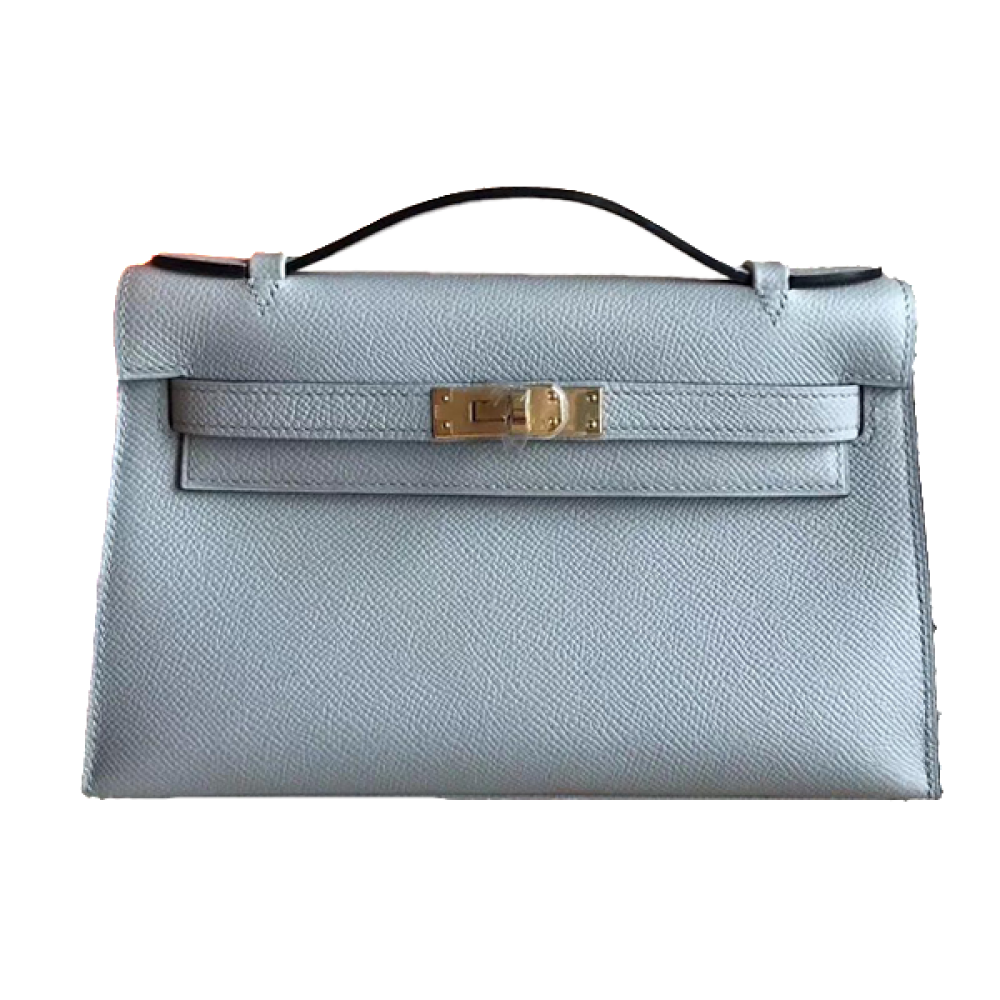 Hermès' iconic Kelly pouch in light sky blue and gold metal