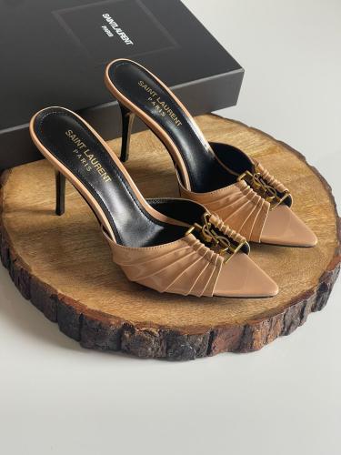 Saint Laurent Babylon Women's Sandal with Gold Logo Beige