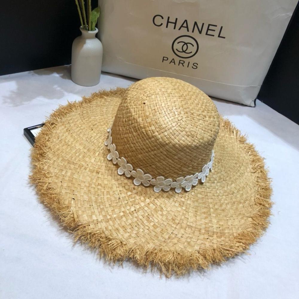 women Chanel Women's Straw Hat with Elegant White Floral Ribbon