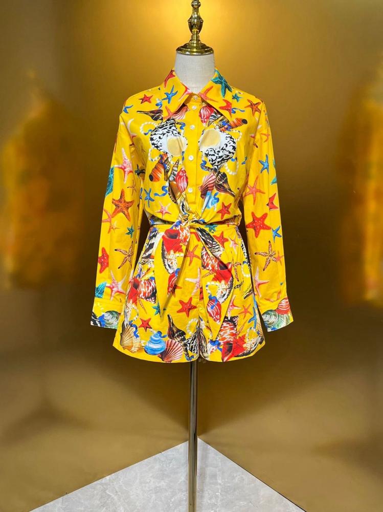 D&G Women's Yellow Sea Print Casual Set, Shorts with Shirt