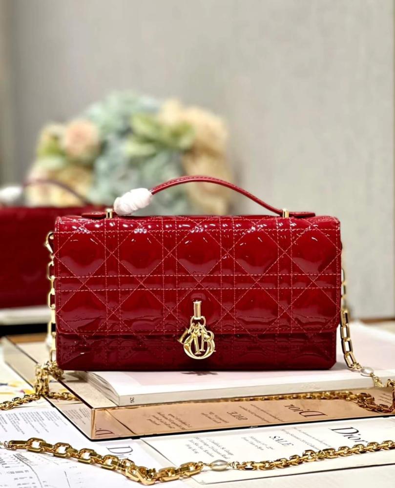 Dior Caro Leather Bag, Chain Shoulder Bag, Glossy Red E-SEVEN STORE