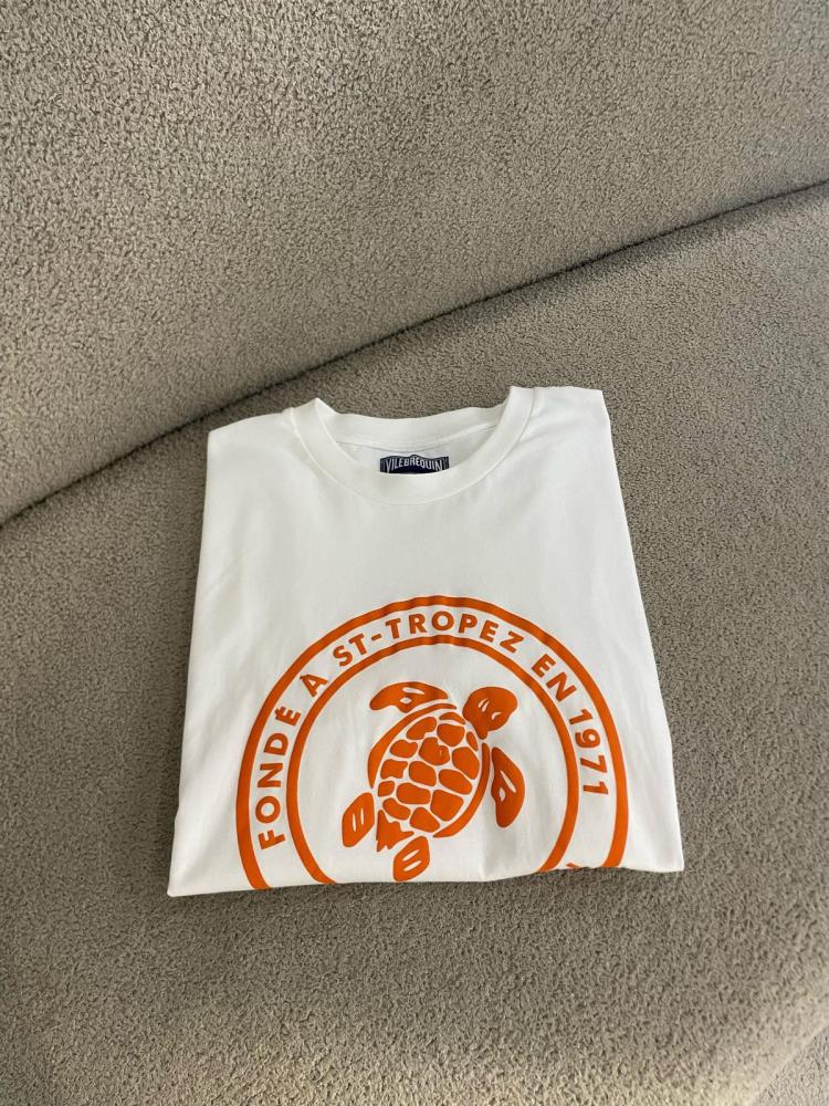 Vilebrequin Men's White Logo T-Shirt with Orange Circle Logo