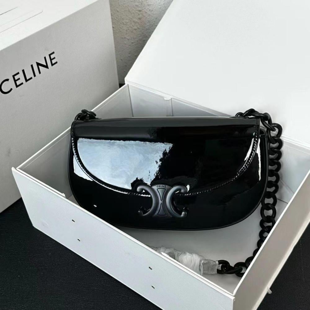 Celine Women's 24cm Leather Flap Bag in Glossy Black - E-SEVEN STORE
