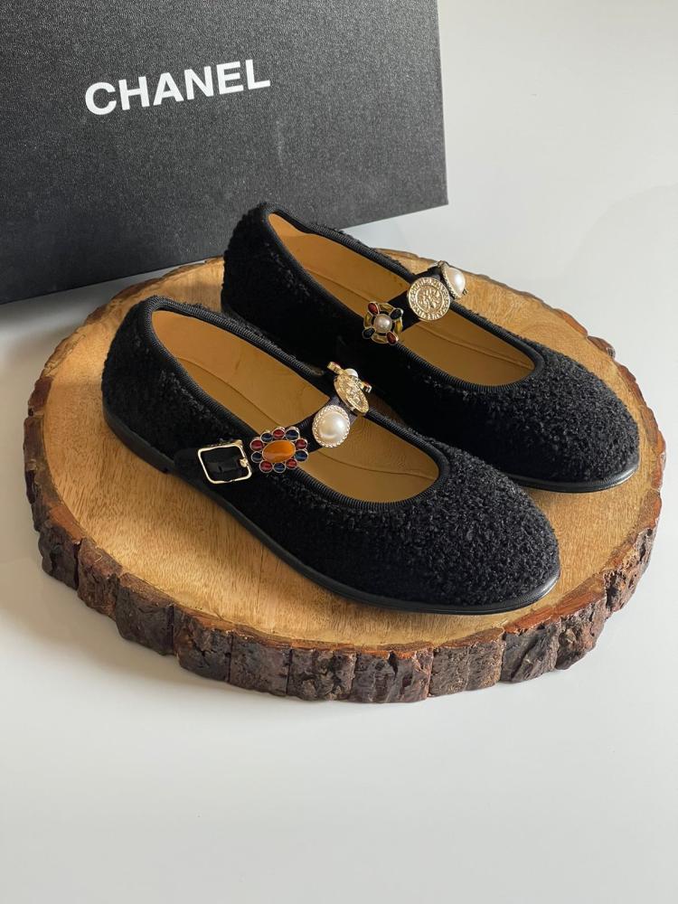 Chanel Tweed 24A Women's Black Belted Ballerina - E-SEVEN STORE