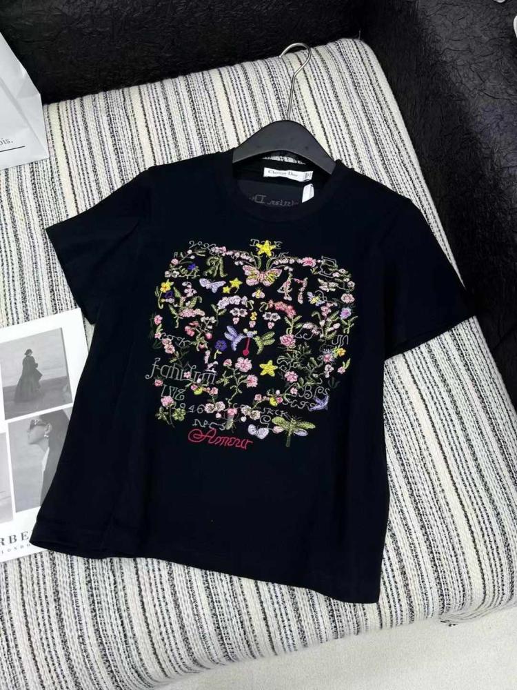 Elegant black Dior women's embroidered floral T-shirt