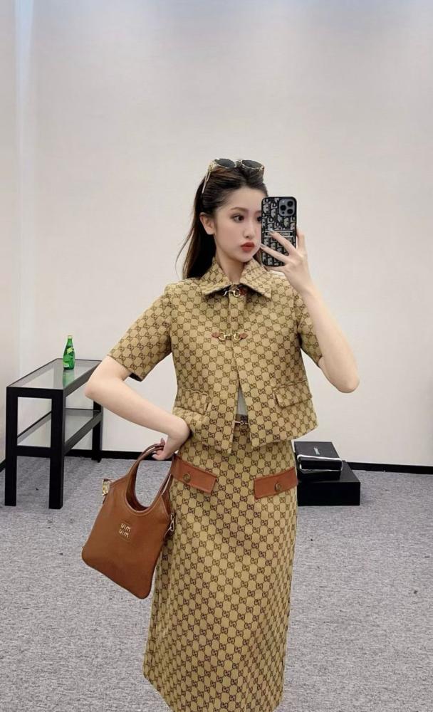 Gucci Women's 3-Piece Set: GG Brown Beige Skirt, Pants, and