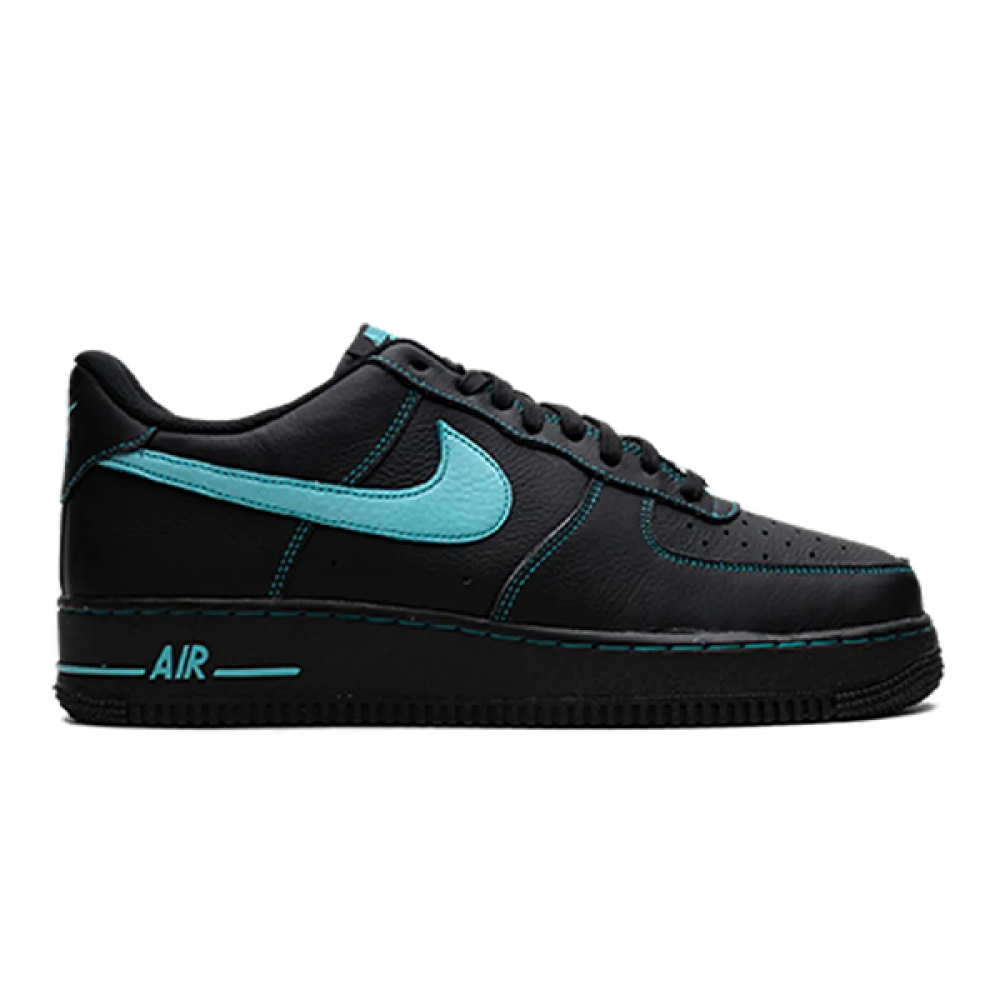 Nike Air Force 1 Low Unisex Sneaker, Black, Flexible Leather, Aqua Logo