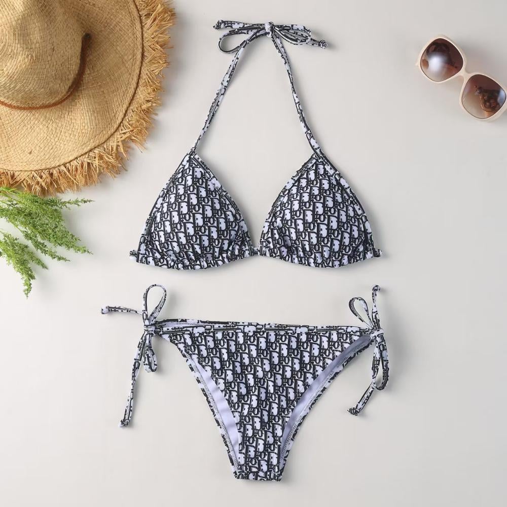 بكيني سباحة قطعتين للنساء ديور طبعة D اوبليك أبيض واسود