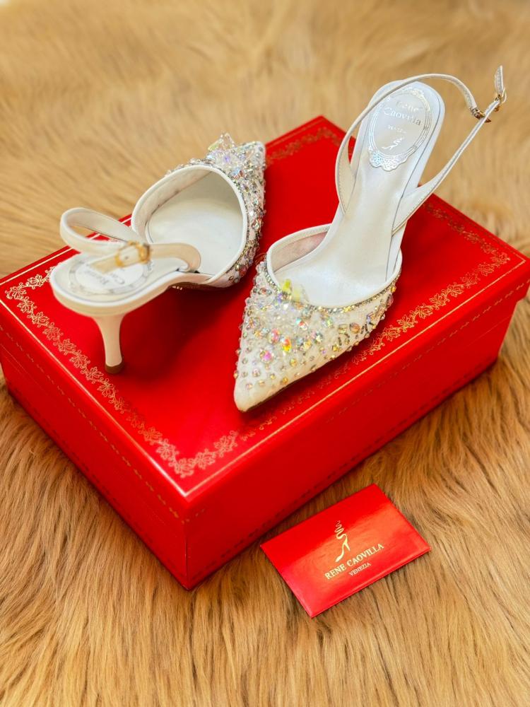 Rene Caovilla White Crystal Slingback High Heel Pumps E-SEVEN STORE