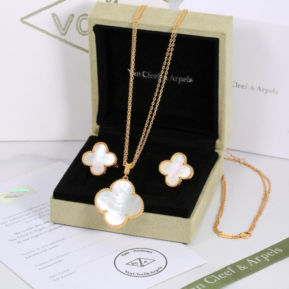 Van Cleef & Arpels Alhambra Flower Earrings and Necklace in White