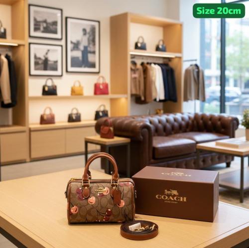 Mini Coach Mini Rowan bag with C pattern, coffee color and cherry