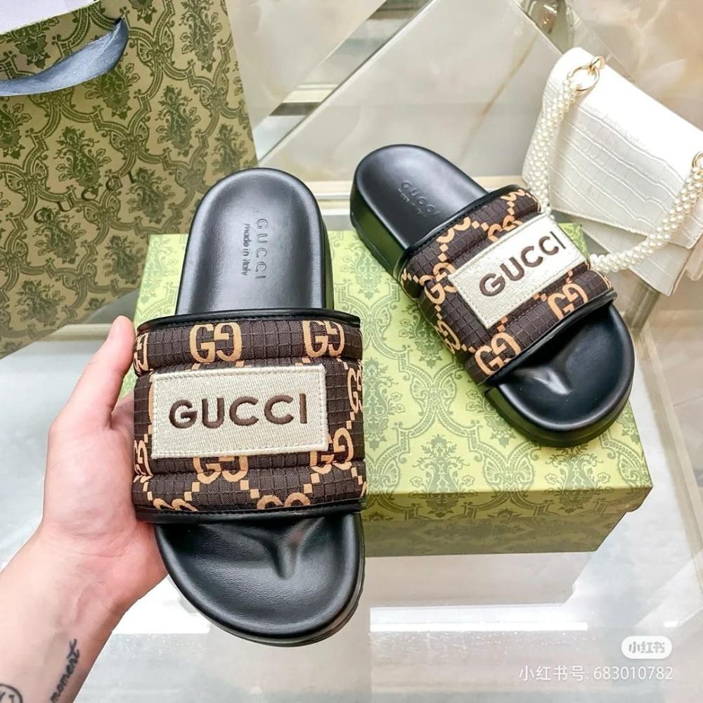 Gucci Women's Brown Logo Fabric Slippers - E-SEVEN STORE