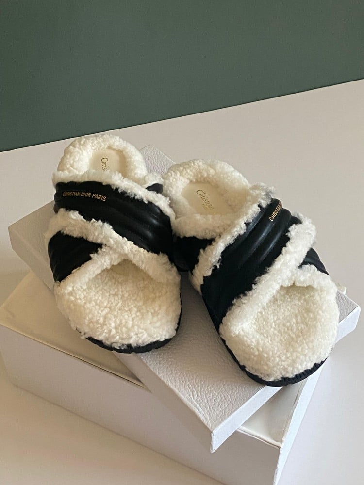 Dior Cross Slide Black Faux Fur Slipper - E-SEVEN STORE