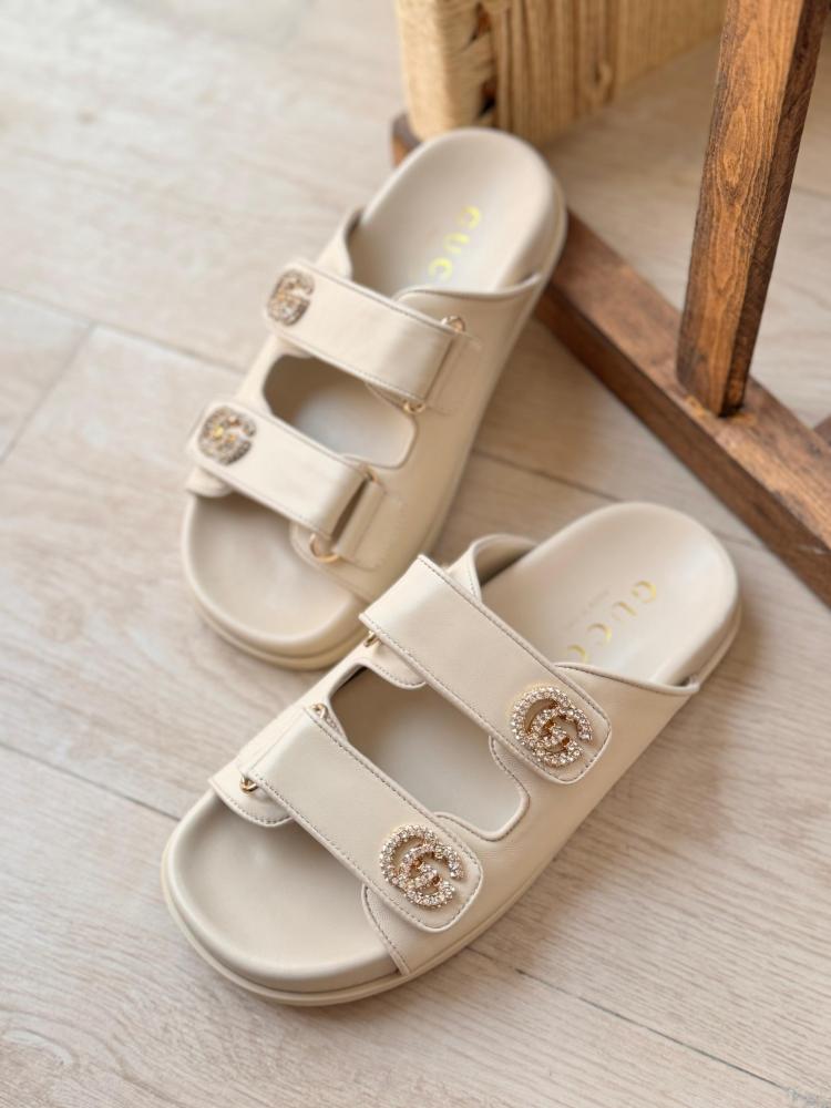 Gucci Women's Open Sandal Luxury Leather Beige Gold Logo - E