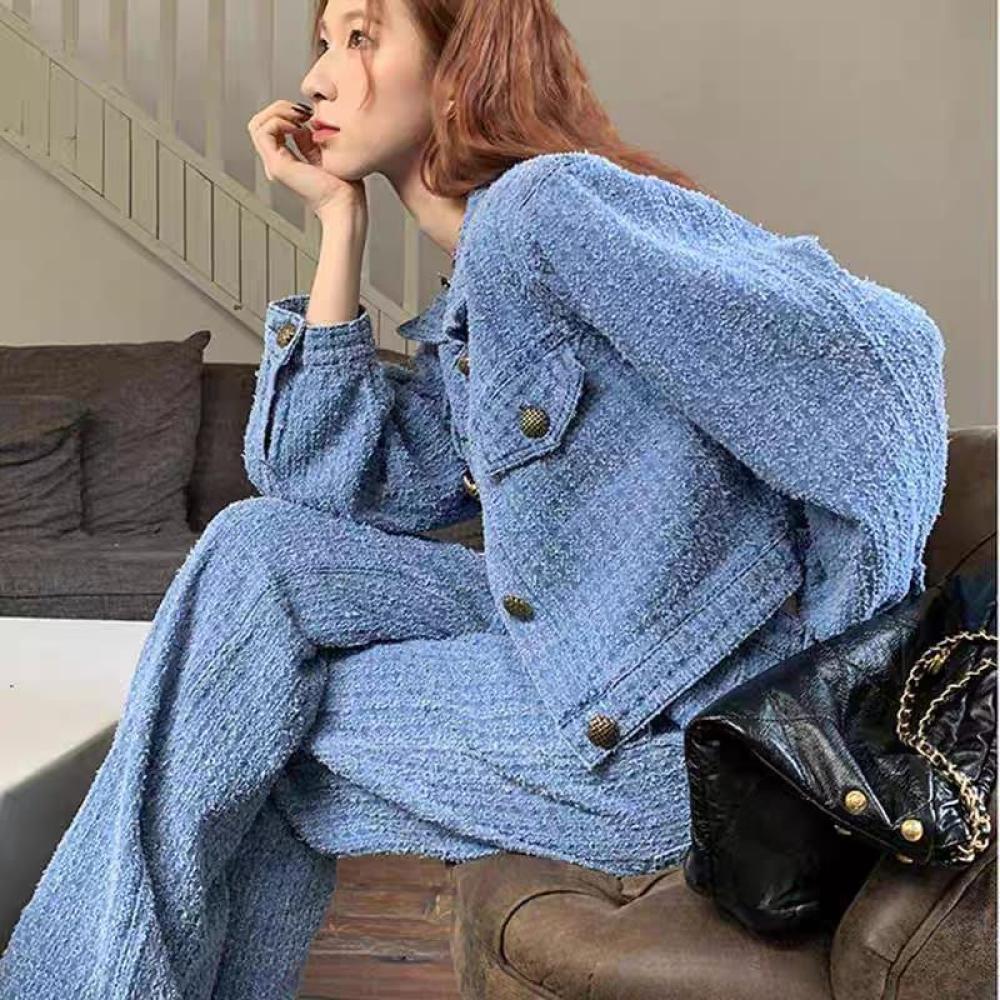 Chanel Women's Elegant Denim Button Front Blazer in Blue