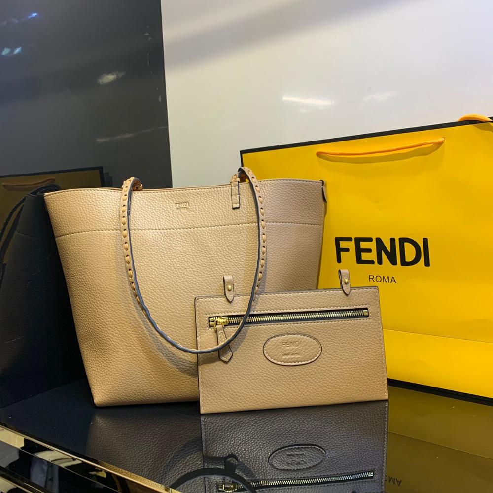 Fendi Roll Tote Bag Large Handbag in Beige Leather - E-SEVEN