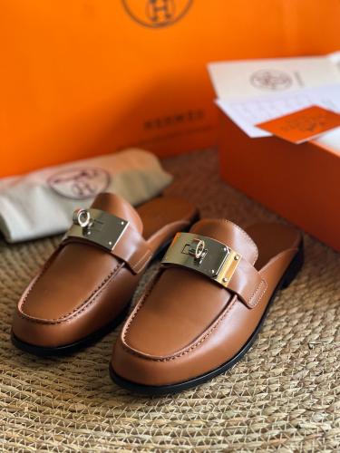 Hermes Women's Leather Open Back Flat Slipper - Brown - E-SEVEN STORE