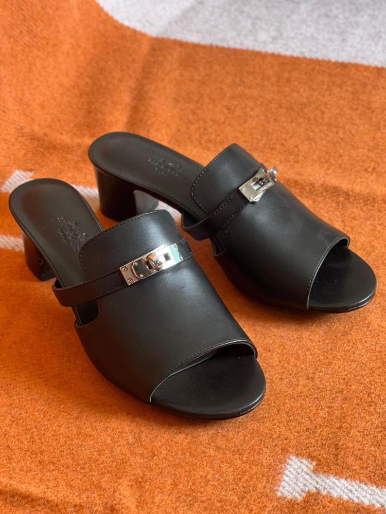 Hermes Women's Black Leather Heel Sandal