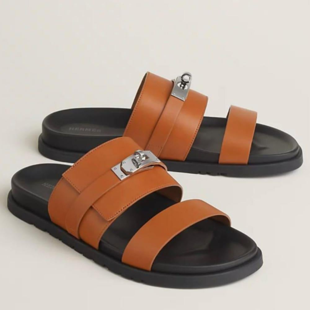 Hermes Men's Jackson Sandal, Caramel Color, Black Sole