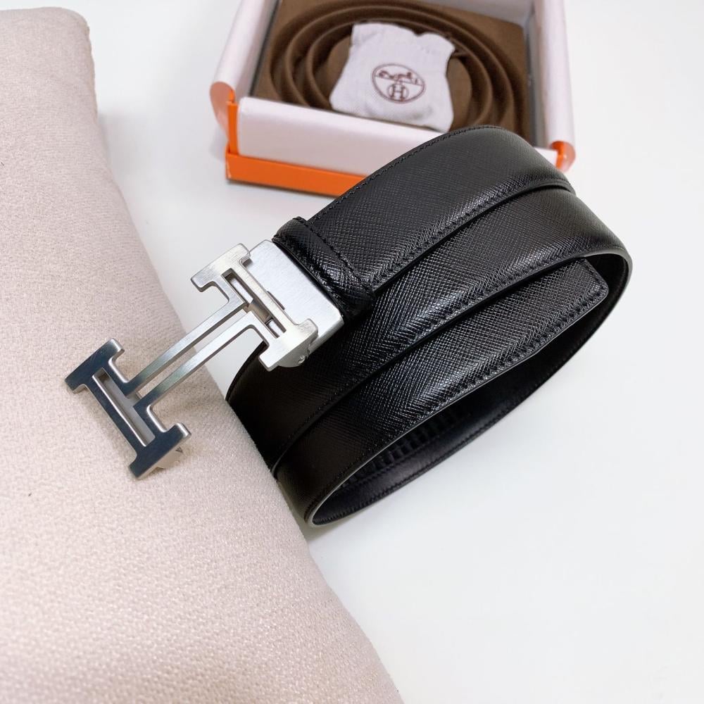 HERMES ベルト Hermes Men's Belt, Black Leather, Silver Logo - E-SEVEN STORE