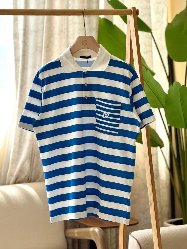 Louis Vuitton Men's Striped Polo Neck T-Shirt, Blue and White