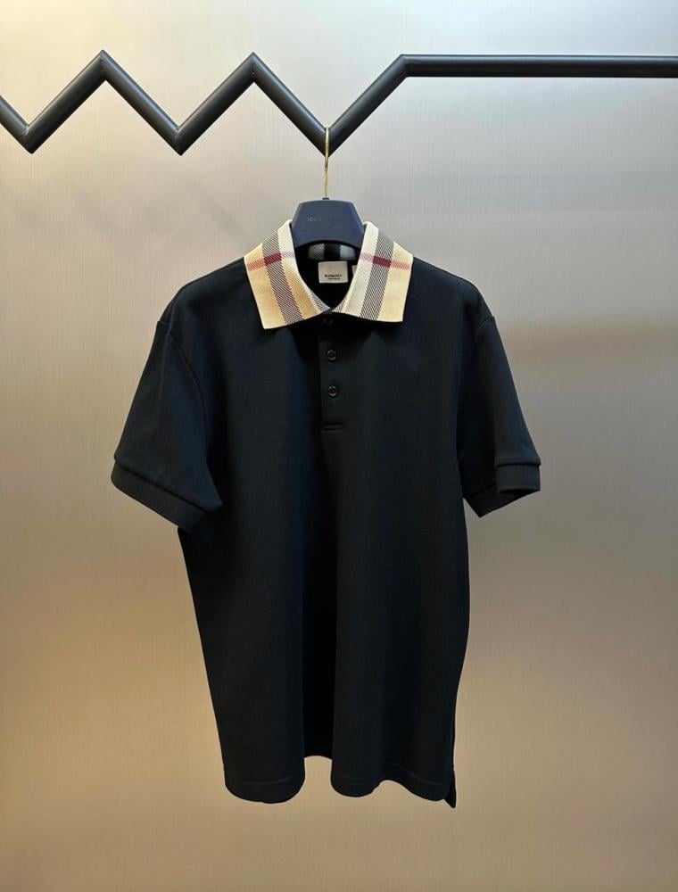 Burberry Men's Black Polo T-Shirt with Plaid Collar - E-SEVEN STORE