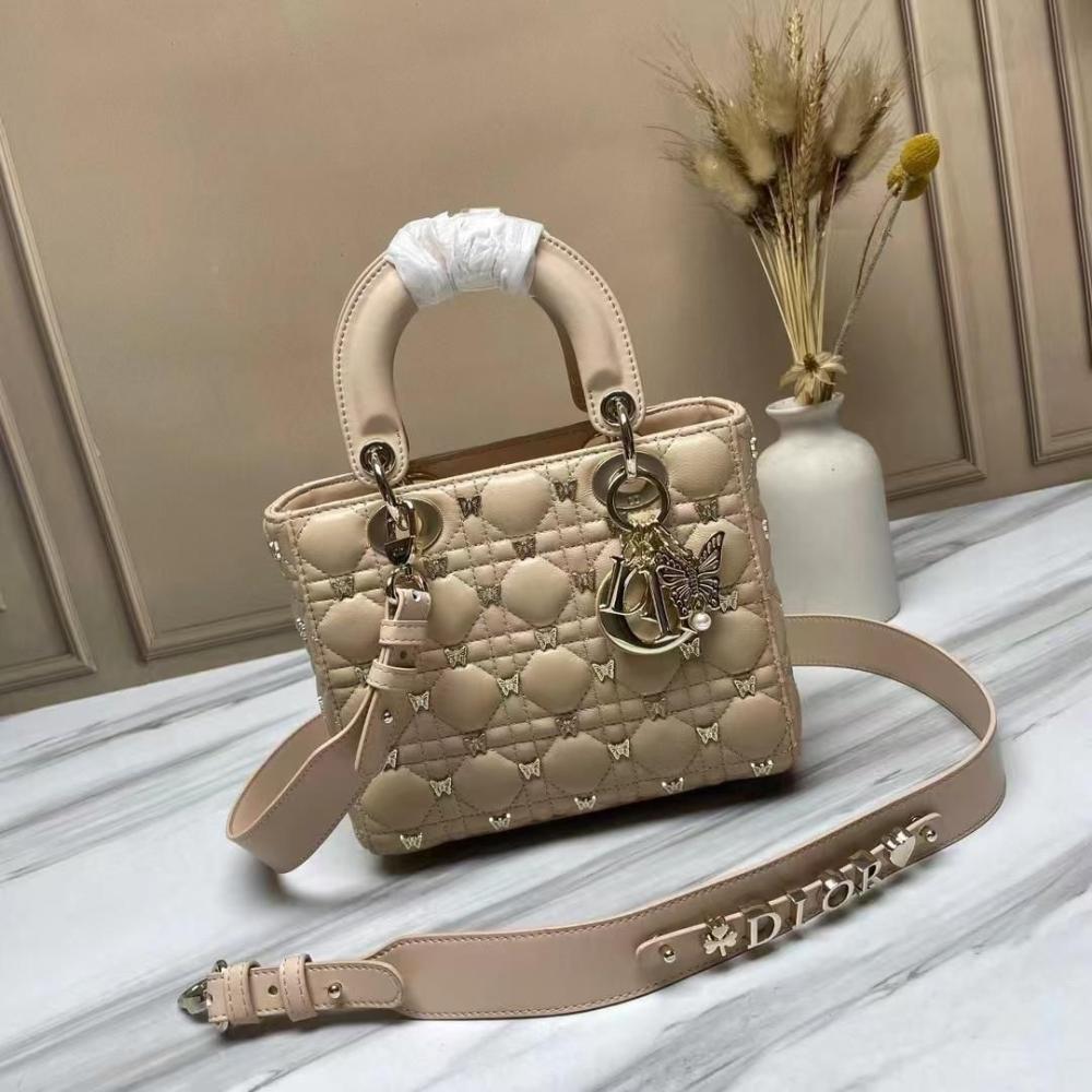 Dior Lady Dior small bag with handles and shoulder strap in beige with butterfly detail