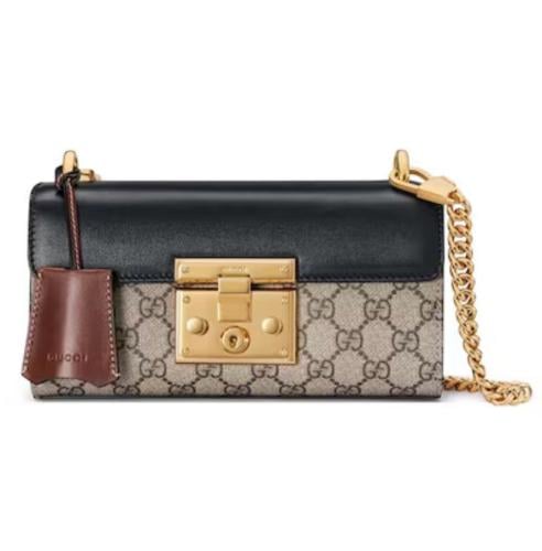 グッチ Gucci Padlock Gold Chain Bag in Brown and Black GG Leather and