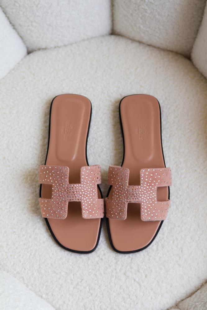 Hermes Oran Suede Slippers with Rhinestones