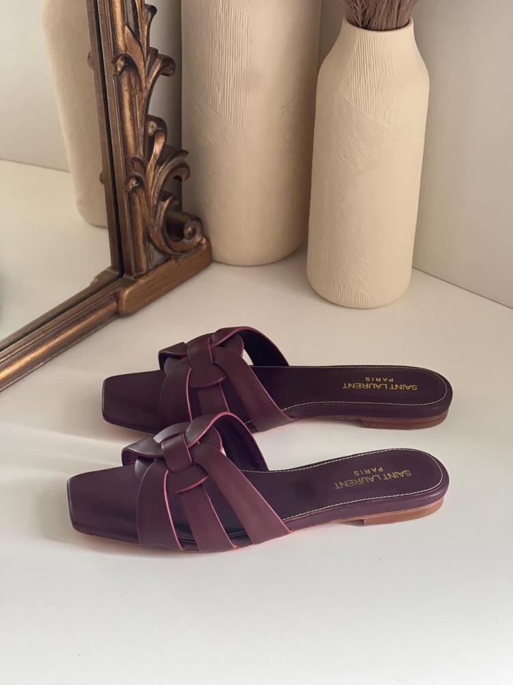 Saint Laurent Women's Flat Leather Sandal in Burgundy