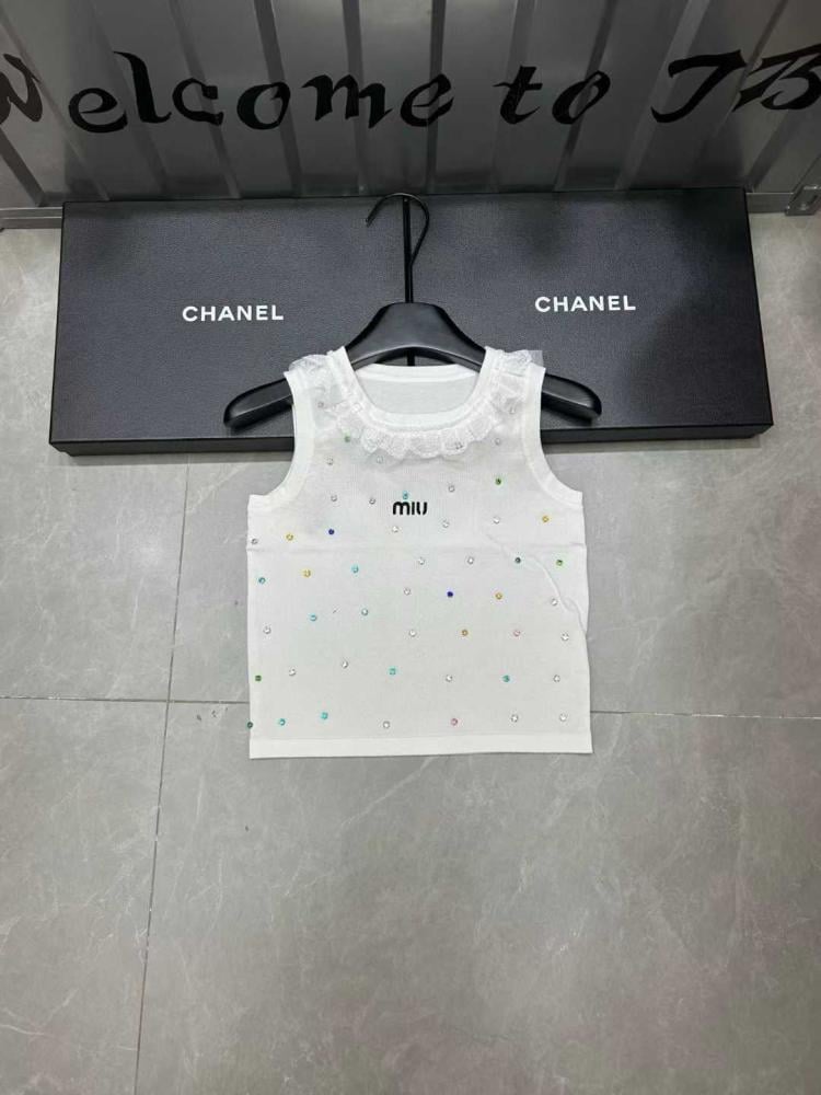 みゅう Miumiu Women's Sleeveless Round Neck Lace Trim White Shirt