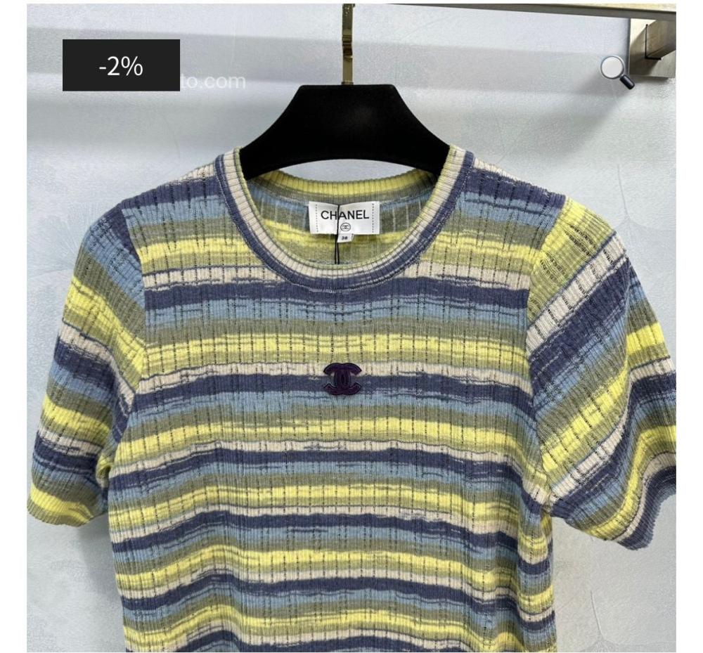 Chanel Women's T-Shirt, Sporty, Elegant, Green and Blue Striped Pattern