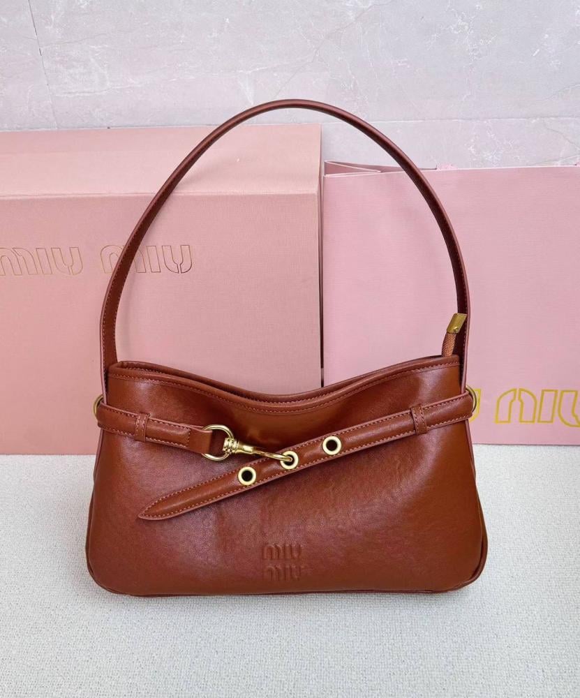 Miu Miu Leather Shoulder Bag with Zipper, Reddish Brown