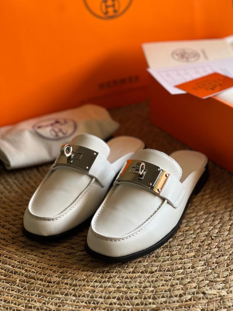 Hermes Women's Leather Open Back Slippers, White