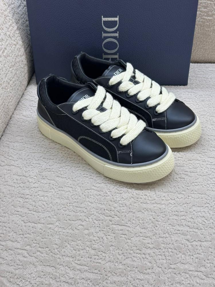 Dior B33 Sneakers, Black Leather Flat, Wide White Lace