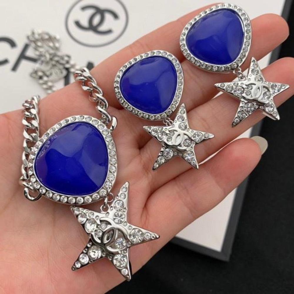 Chanel Rare Star Women's Accessory Navy Blue and Silver Logo Earrings and Necklace