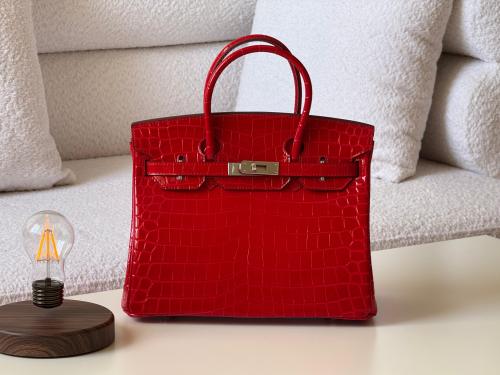 Hermes Birkin Croc 30cm Leather Bag in Distinctive Red E-SEVEN STORE