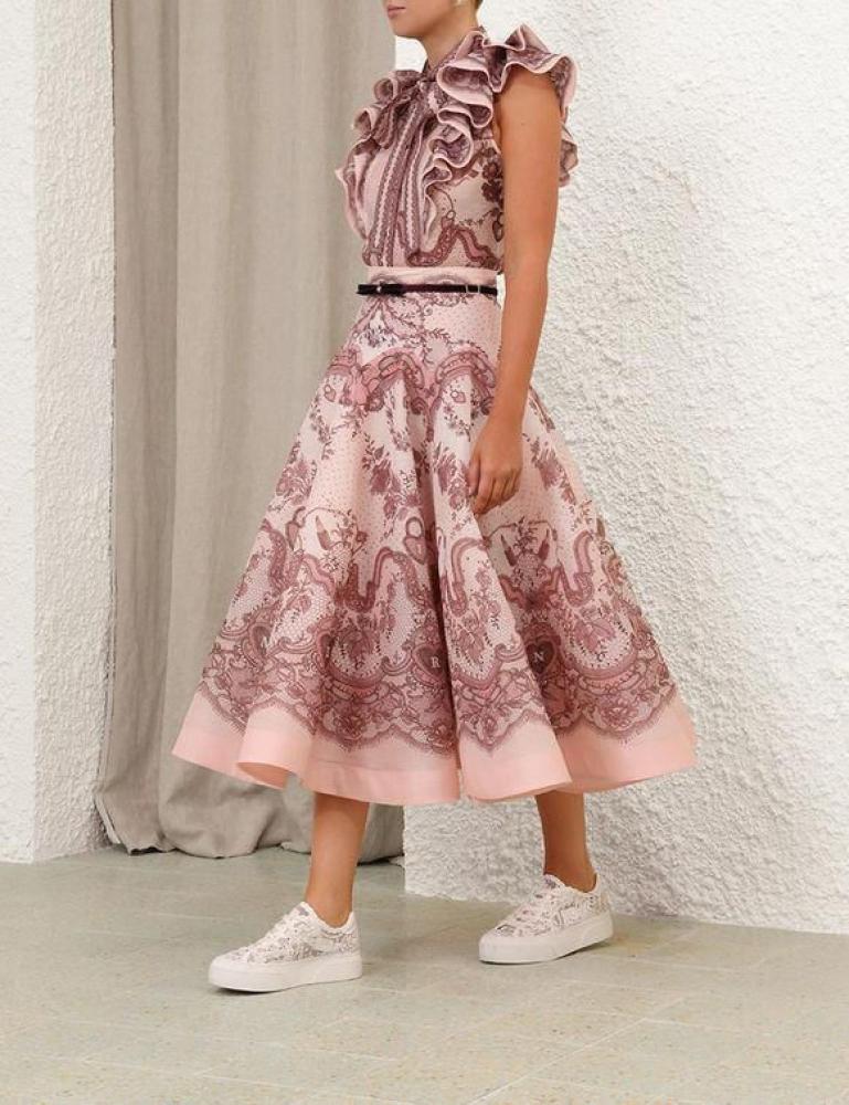 ワンピース ZIMMERMANN Women Mid Skirts 8803DMAT PKTI PINK Zimmermann Midi Skirt and Pink Printed Crush Top Set - E