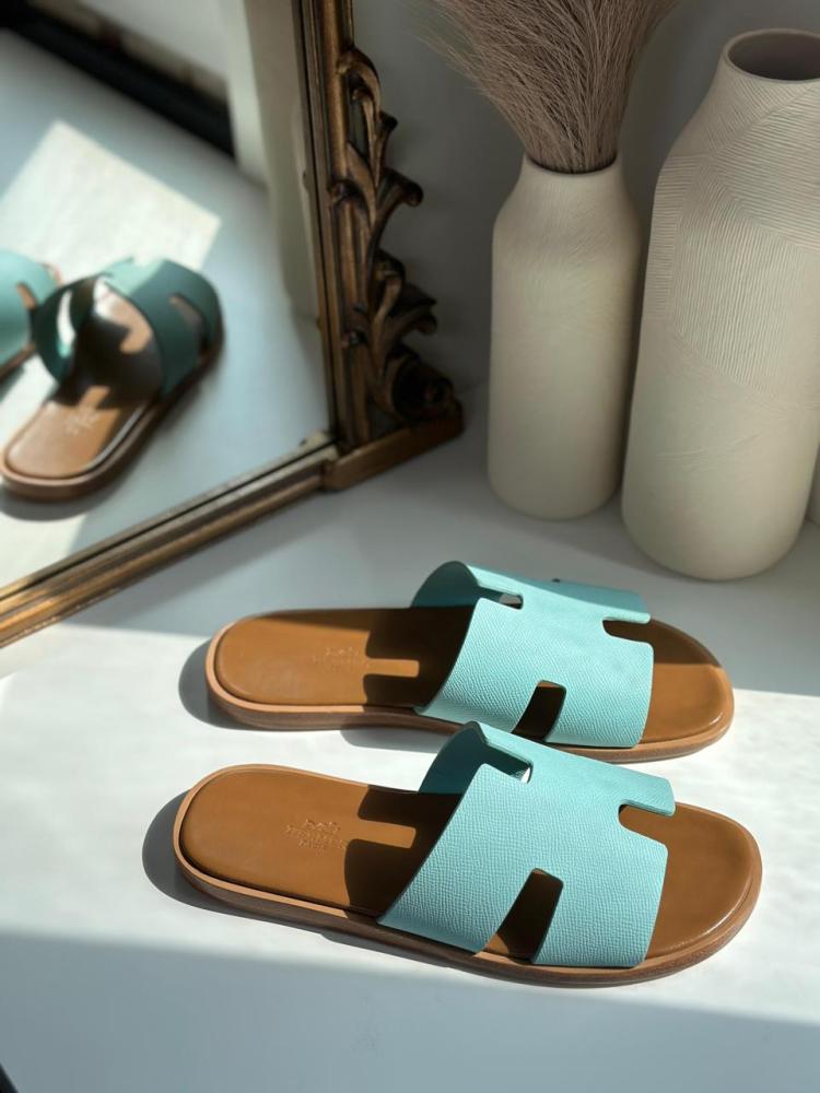 Hermes Oran Men's Leather Slippers in Blue and Honey - E