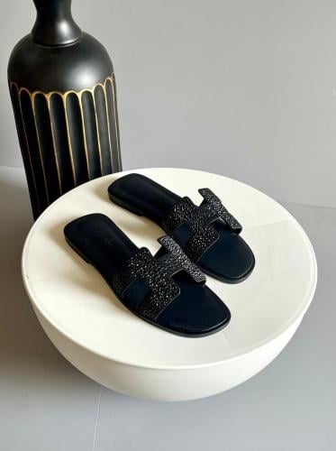オーダー Hermes rhinestone embellished slipper, open design, black - E