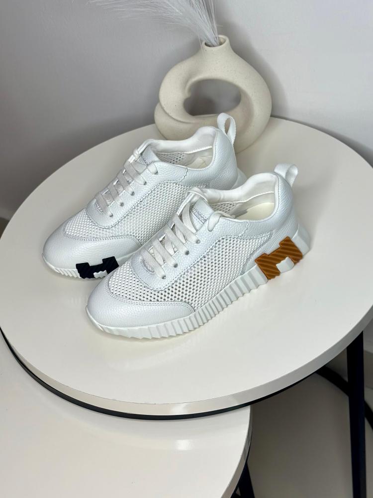 Hermes Women's Bouncing Leather Sneakers in White with Black and Brown Logo