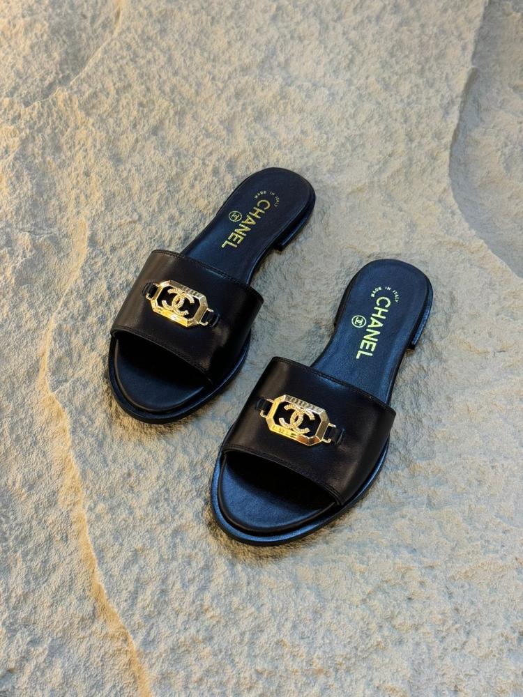 Chanel Women's Black Leather Flat Sandal - E-SEVEN STORE