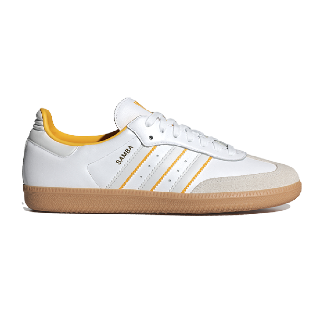 Adidas Samba Unisex Shoes in White with Yellow Stripes - E