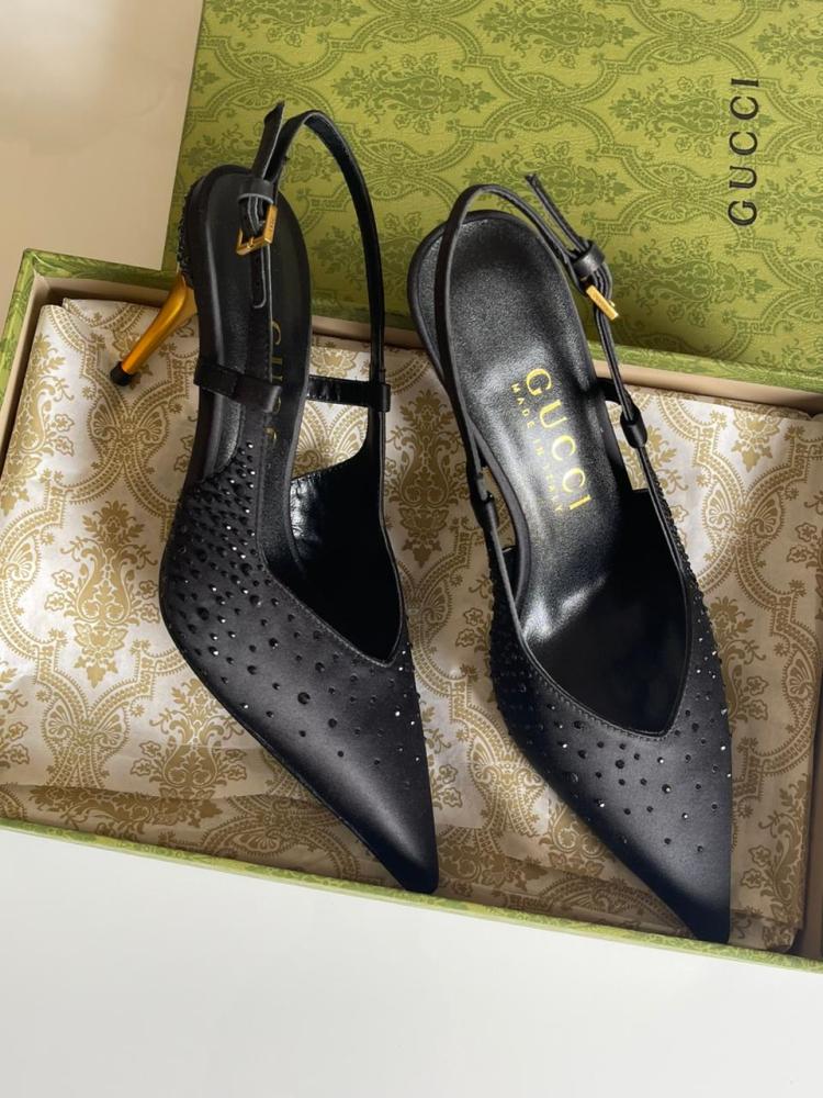 Gucci Women's Black Rhinestone Slingback High Heel Sandal