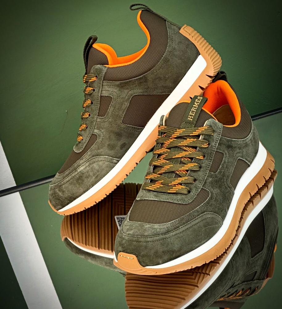 Hermes Jimmy Men's Daily Lace-Up Sneakers, Olive Orange - E