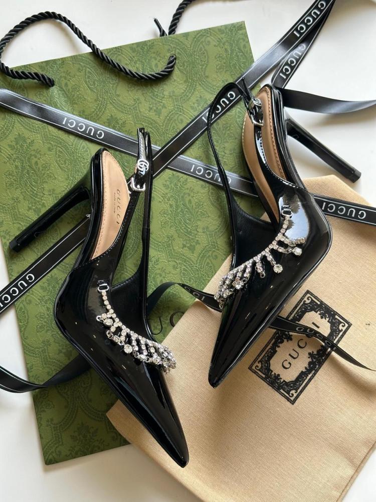 その他 HERMES Gucci Women's Black High Heel Sandal with Shiny Rhinestones