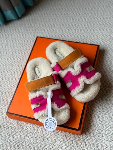 Hermes women's fuchsia and honey fur-lined winter slippers